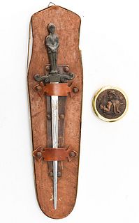 ANTIQUE MEDIEVAL STYLE LETTER OPENER & BRASS PAPERWEIGHT