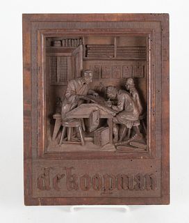 Dutch Carved Wood Plaque: 'De Koopman'