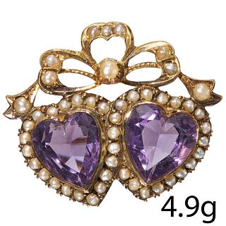 VICTORIAN GOLD DOUBLE HEART SHAPED AMETHYST AND SEED PEARL BROOCH