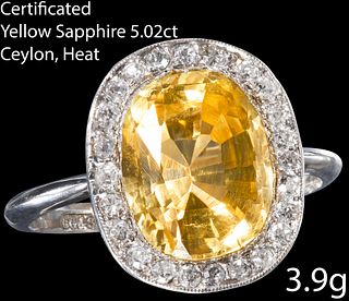 FINE EDWARDIAN CERTIFICATED CEYLON YELLOW SAPPHIRE AND DIAMOND CLUSTER RING