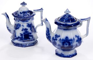 ENGLISH FLOW BLUE TRANSFER-PRINTED CHINOISERIE MOTIF CERAMIC TEAPOTS, LOT OF TWO