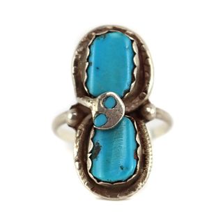 Effie Calavaza - Zuni - Turquoise Inlay and Silver Ring with Snake Design c. 1960-70s, size 8 (J92363A-1023-001)