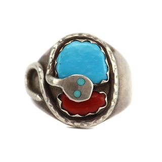 Effie Calavaza - Zuni - Turquoise, Coral, and Silver Inlay Ring with Snake Design c. 1960-70s, size 11 (J92363A-1023-002)