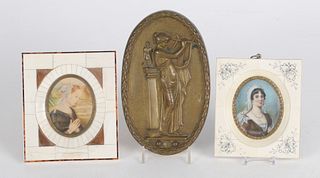 Two Portrait Miniatures and a Bronze Plaque