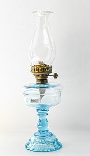 ANTIQUE KEROSENE BLUE GLASS OIL LAMP 