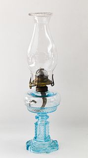 AQUA PRESSED GLASS OIL LAMP