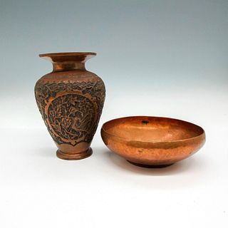 2pc Arts & Crafts Copper Vase and Bowl