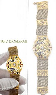 19th C. 22K Yellow Gold Arabian Colored Enamel Bracelet 0.70 Carats Round Brilliant G/H SI2
