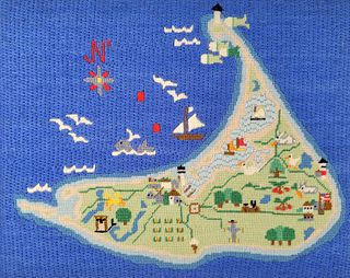 Fine Vintage 1978 Needlepoint Embroidered Whimsical Map of Nantucket Island