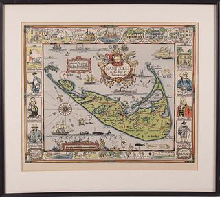 1926 Tony Sarg Colored Lithograph Map of Nantucket in the State of Massachusetts