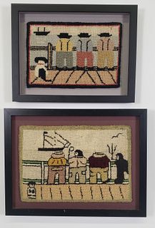 Pair of Vintage Pictorial Wharf Scene Hooked Rug Carpets, 20th century
