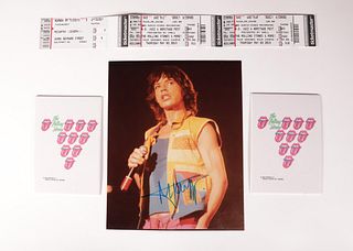 Framed Collage Including a Signed Photograph of Mick Jagger and Concert Ticket