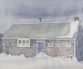 Mary Ellen Mack Vintage Watercolor "Winter at the Wharf Rat Club" Nantucket