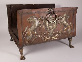 Brass Repousse Fireplace Log Caddy, 19th Century