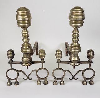 Pair of Antique Brass Philadelphia Multi-turned Andirons, 19th century