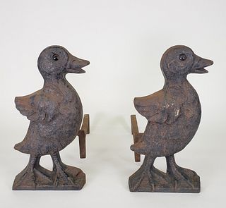 Pair of Antique Howes Foundry Cast Iron Figural Duck Andirons
