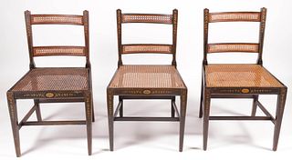 Set of Three English Hand Decorated Caned Seat and Back Side Chairs, 19th Century