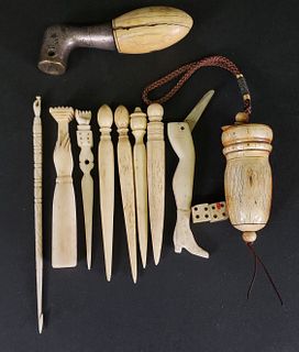 Grouping of Sailor Made Antique Whalebone Instruments and Artifacts, 19th Century