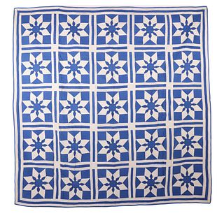 Fine Blue and White Pinwheel Patchwork and Applique Quilt , circa 1930s