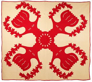 Fine Vintage Hawaiian Floral Applique Red And Creme Quilt