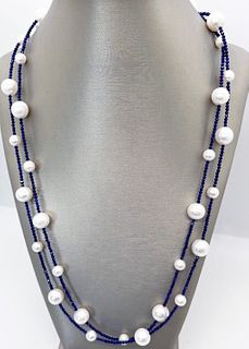 7mm-12mm White Fresh Water Pearl Necklace on Lapis Lazuli Strand