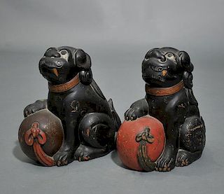 Pair of Carved Wooden Foo Dogs