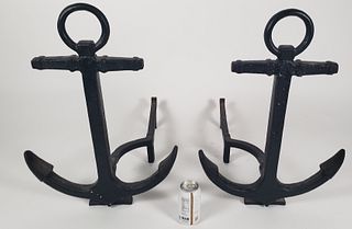 Pair of Extraordinary Oversized Antique Cast Iron Anchor Andirons, circa 1920s