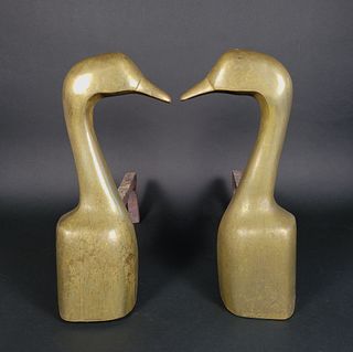 Pair of Vintage Brass Modern Style Figural Geese Andirons