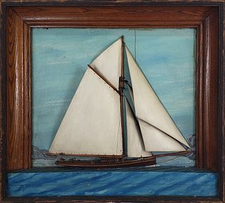 Antique Sailboat Ship Shadowbox Diorama, 19th Century