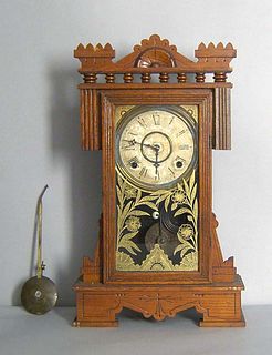 Wm. Gilbert Victorian oak mantle clock, 20 1/4" h.
