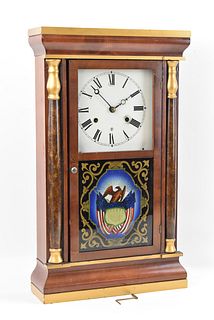 SETH THOMAS WEIGHT DRIVEN CLOCK WITH PATRIOTIC REVERSE PAINTED GLASS