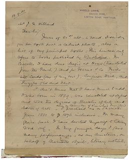 Hoffmann, Professor (Angelo J. Lewis). Autograph Letter Signed, “Angelo Lewis / Louis Hoffmann,” to John Northern Hilliar