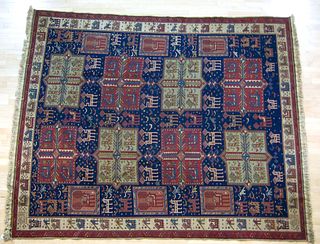 Roomsize rug with akstata design, 10' x 8'.