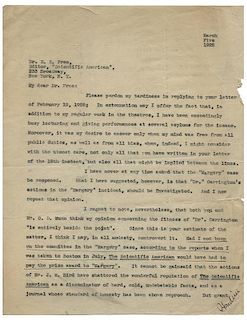 Scathing Letter from Houdini to E.E. Free, Editor of Scientific American, Regarding the Margery Case.