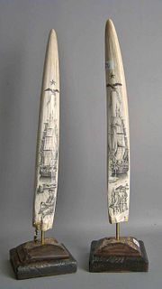 Pair carved tusks with maritime scenes, 24" h.