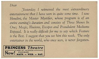 Houdini “Master Mystifier” Laudatory Postcard.
