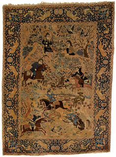 Tabriz throw rug, ca. 1915, with figures hunting o