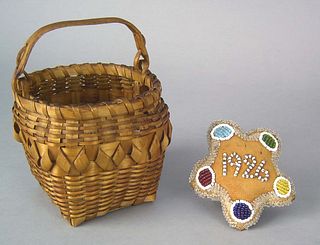 New England Iroquois splint basket with swing hand