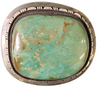LARGE NATIVE AMERICAN SILVER TURQUOISE BELT BUCKLE