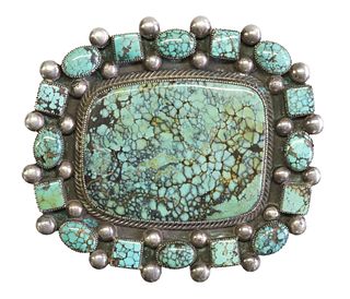 LARGE NATIVE AMERICAN SILVER & TURQUOISE BUCKLE