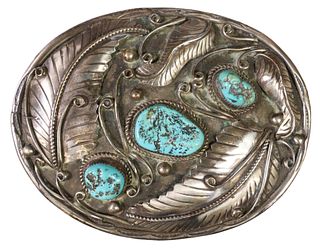 NATIVE AMERICAN SILVER & TURQUOISE BELT BUCKLE