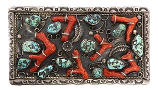 NATIVE AMERICAN BRANCH CORAL & SILVER BELT BUCKLE