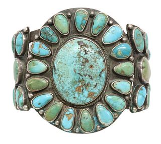 NATIVE AMERICAN SILVER & TURQUOISE CLUSTER CUFF