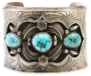 NATIVE AMERICAN SILVER & TURQUOISE SHADOWBOX CUFF