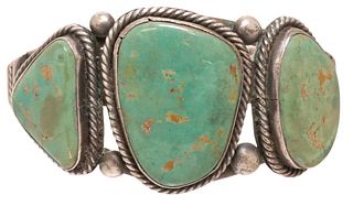 SIGNED ESTHER NAVAJO SILVER & TURQUOISE CUFF