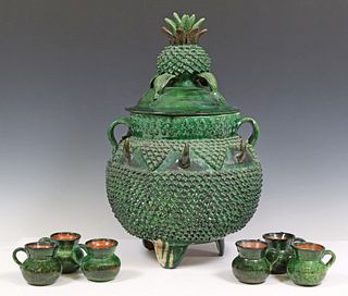 (7) MEXICAN FOLK ART PINEAPPLE PUNCH BOWL & CUPS