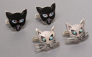 (2PR) MEXICAN STERLING SILVER CAT FACE CUFFLINKS