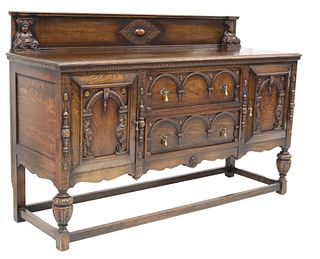 ENGLISH JACOBEAN STYLE CARVED OAK SIDEBOARD