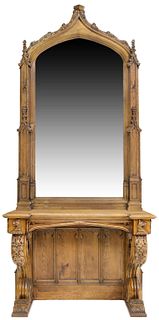 LARGE GOTHIC STYLE OAK MIRRORED CONSOLE TABLE