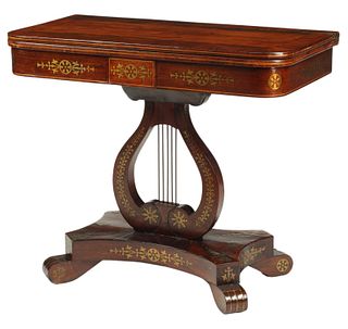 ENGLISH REGENCY BRASS-INLAID LYRE-BASE CARD TABLE